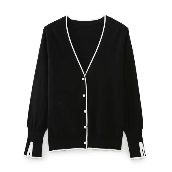 Zara Pearl Button V-Neck Cardigan Black White Size Medium - Picture 2 of 5